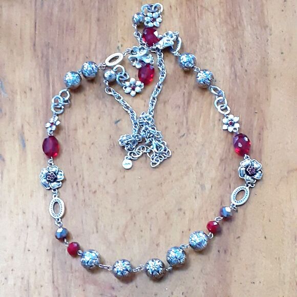 Ruby Rd 36"long necklace red silver tone beaded chain elegant - Picture 2 of 2